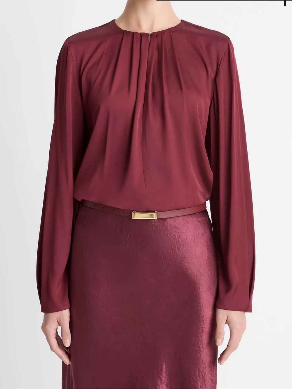 NEW VINCE pleated neck long sleeve blouse in off burgundy size MEDIUM
